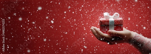 Holiday Gift Held in Hand With Falling Snow Against Bright Red Background in ...