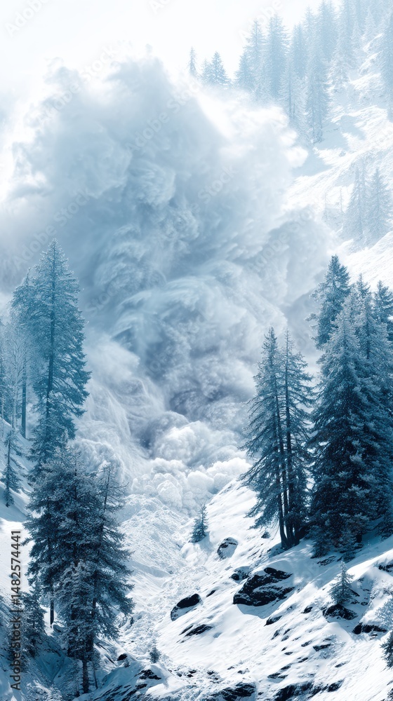 Obraz premium Snowy avalanche in forested mountain landscape.
