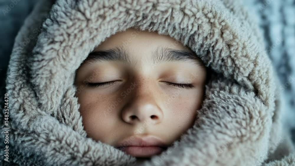 Close-up of a young person wrapped in a soft blanket, evoking warmth and comfort Cozy and serene mood Close-up of a young person wrapped in a soft blanket, evoking warmth and comfort Cozy and serene mood