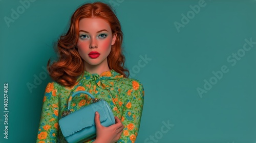 Fashion Model Poses With a Stylish Handbag Against a Turquoise Background Dur...