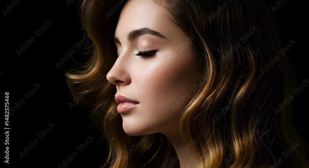 Beautiful Woman Profile with Shiny Hair and Closed Eyes in Dark Background Glowing Elegance Beautiful Woman Profile with Shiny Hair and Closed Eyes in Dark Background Glowing Elegance