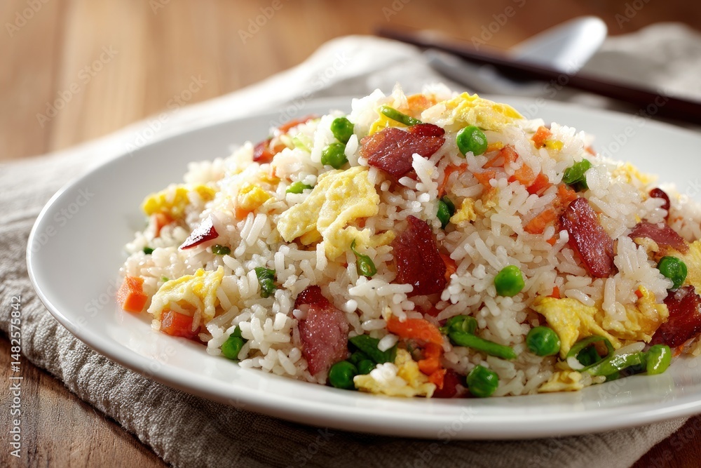 Delicious Chinese Fried Rice: Savory Scrambled Eggs, Char Siu, and Vibrant Vegetables Delicious Chinese Fried Rice: Savory Scrambled Eggs, Char Siu, and Vibrant Vegetables