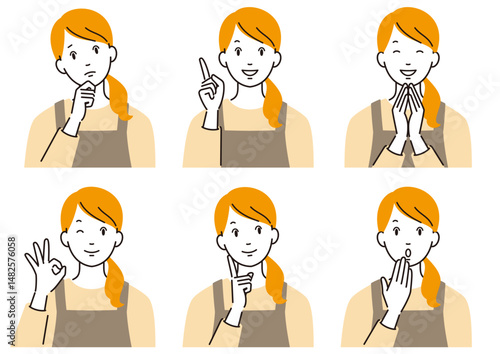 色々な表情やポーズのエプロンをつけた若い主婦のベクターイラストセット