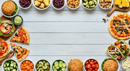 Vegan Fast Food Double Border Layout; Healthy Plant-Based Meals on White Wood Banner, Top View