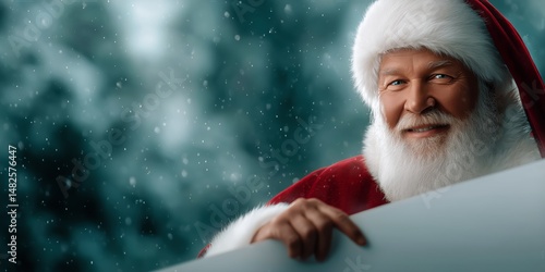 Santa Claus Smiling and Holding a Sign in a Snowy Winter Landscape