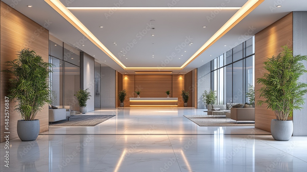 Fototapeta premium Modern Lobby Interior Design with Green Plants and Elegant Decor