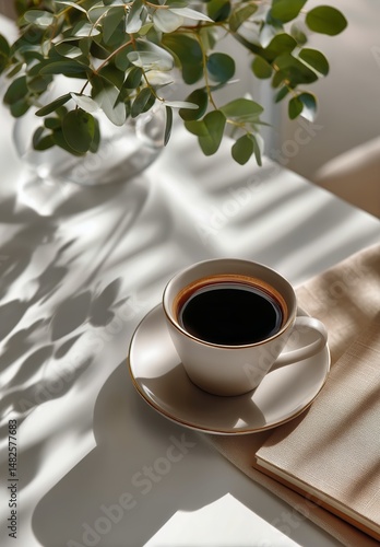Coffee Cup Resting on a Book With Shadows From Leaves in a Bright Room