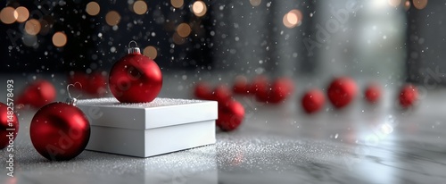 Festive Decorations With a Gift Box and Red Ornaments on a Winter Surface