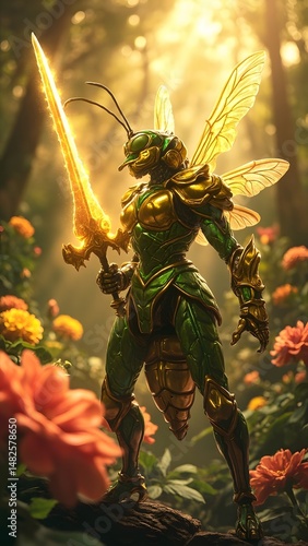 Armored bee insect warrior in glowing jungle with fantasy sword.