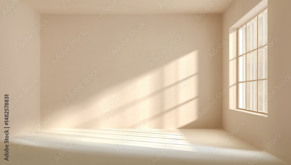 Sunlight streams through a large window into an empty, minimalist room with soft shadows and clean white walls. Sunlight streams through a large window into an empty, minimalist room with soft shadows and clean white walls.