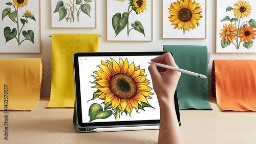 Digital Tablet Displaying Drawing Tutorial with Stylus in Hand, Surrounded by Art Prints and Colorful Swatches on a Soft Background

