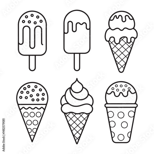 Fun and creative coloring page of ice cream treats in a hand-drawn style, featuring popsicles and cones