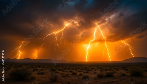 Dynamic lightning bolts over a stormy dark sky .