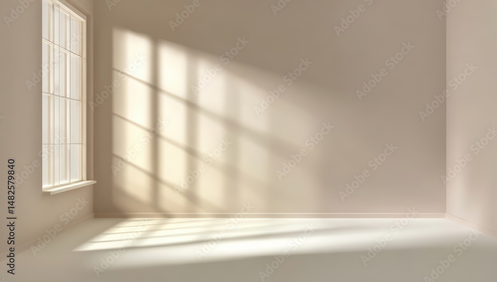 Fototapeta premium Sunlight streams through a large window into an empty, minimalist room with soft shadows and clean white walls.