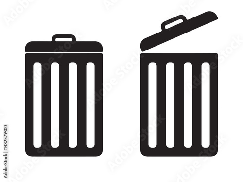 Trash Bin Icon. Black and White Silhouettes of Garbage Can with Lid Variations