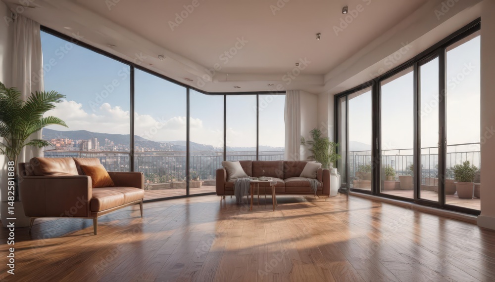 Fototapeta premium Gleaming floors, plush seating, panoramic balcony scene, stylish, high-rise, contemporary