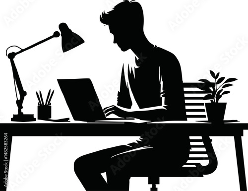 Vector silhouette of an office worker juggling tasks at a desk, multitasking with computer, papers, coffee cup, minimal busy workday concept in black and white