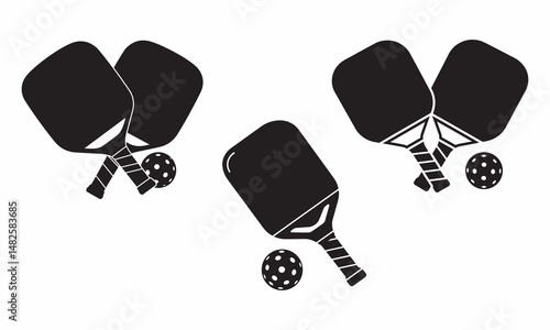 Black and White Pickleball Paddle with Ball Vector Icon