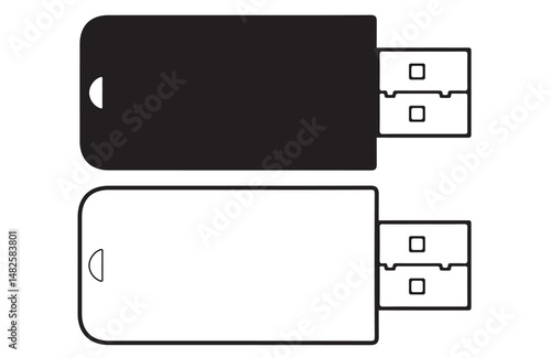 USB Flash Drive Icon. Black and White Silhouettes of Classic USB Memory Sticks