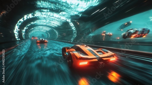 A racing game map with high-tech vehicles zooming through a glowing underwater tunnel.