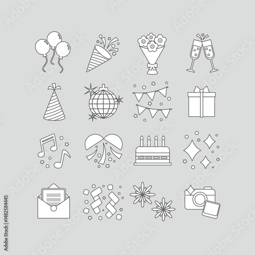 パーティーアイコンセット｜白地あり・線幅可変｜お祝いと楽しい時間のベクター素材 - Party Icon Set with Variable Stroke: Vector Material for Celebration and Fun Time	