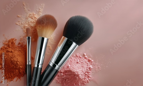 Makeup Brushes and Powders Displayed on a Pink Background in a Beauty Setting