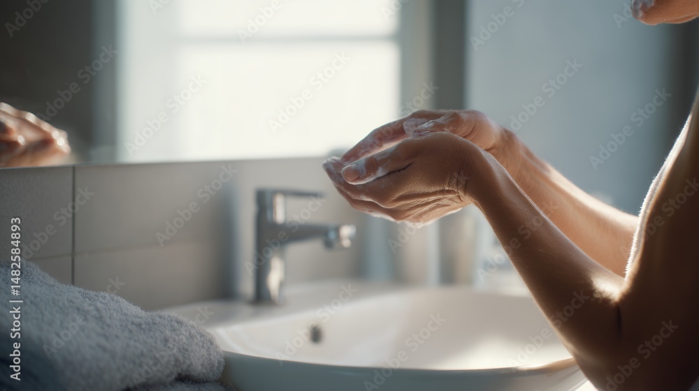 A woman is washing her hands in a sink. She is using soap and water. The sink is white A woman is washing her hands in a sink. She is using soap and water. The sink is white