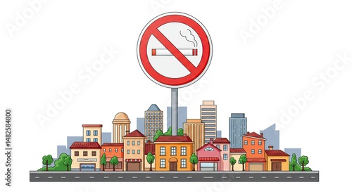 No Smoking Sign in City Urban Landscape Illustration