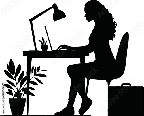 Vector silhouette of an office worker juggling tasks at a desk, multitasking with computer, papers, coffee cup, minimal busy workday concept in black and white