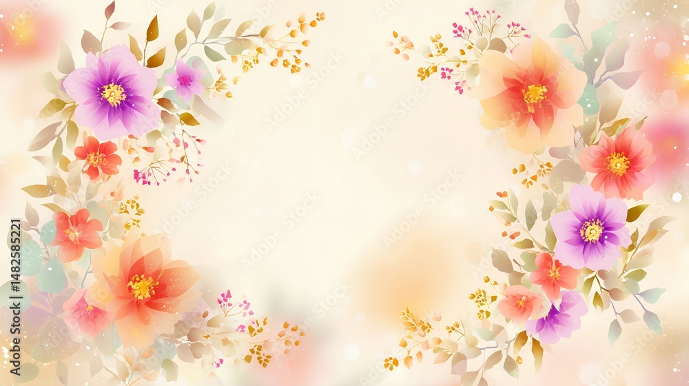 A flowery background with a white border. The flowers are pink and purple A flowery background with a white border. The flowers are pink and purple