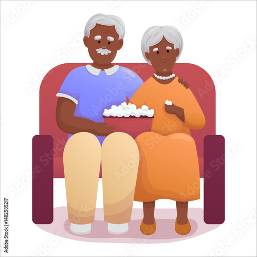 Cute elderly couple watching movie with popcorn. Happy seniors spending time together actively