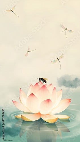 Blooming lotus with bee and dragonflies in serene water setting.