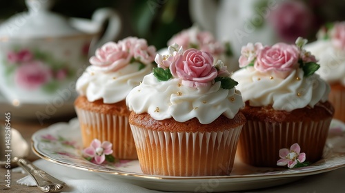 Delightful Cupcakes Topped With Pink Roses and Delicate Greens on a Decorative Plate