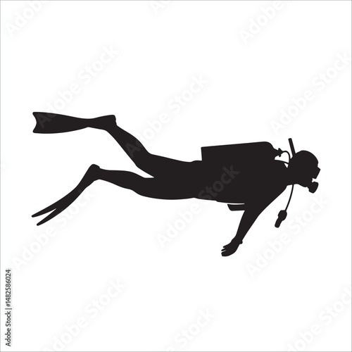 Scuba diver silhouette underwater with fins and oxygen tank, diving sport icon illustration vector.