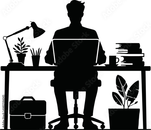 Vector silhouette of an office worker juggling tasks at a desk, multitasking with computer, papers, coffee cup, minimal busy workday concept in black and white