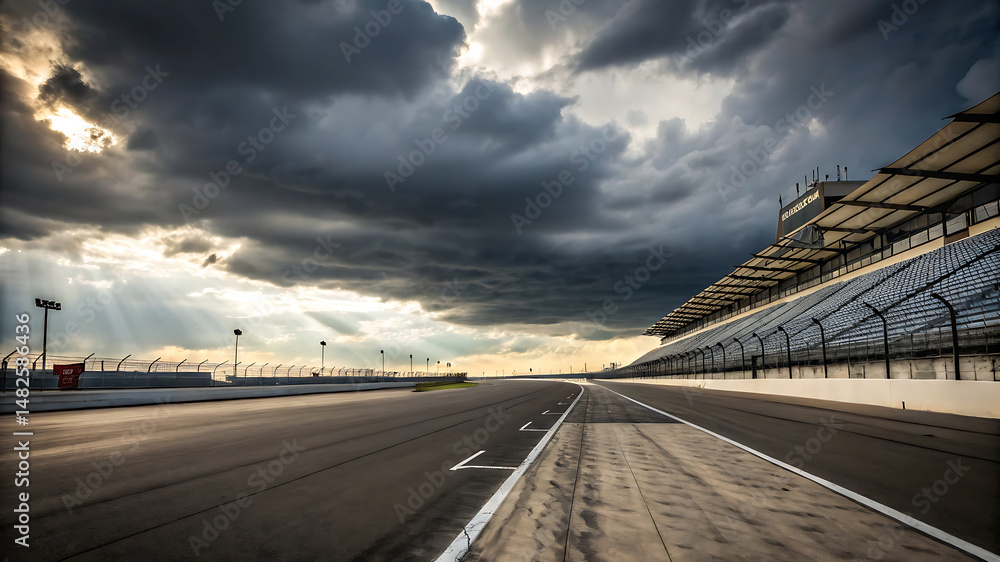 Fototapeta premium Dramatic Racetrack Under a Cloudy Sky A Stunning View of Asphalt and Grandstands