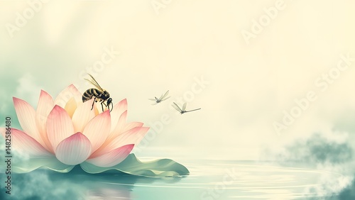 Misty morning lotus with bee and dragonflies in soft glowing light.