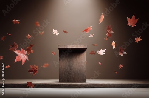 Leaves Falling Into a Wooden Box Creating a Serene Autumn Atmosphere in a Con...