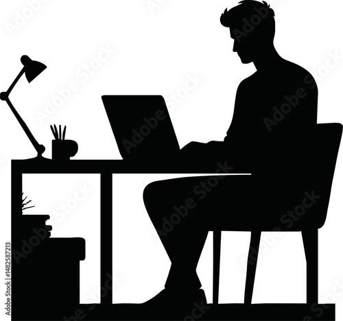 Vector silhouette of an office worker juggling tasks at a desk, multitasking with computer, papers, coffee cup, minimal busy workday concept in black and white