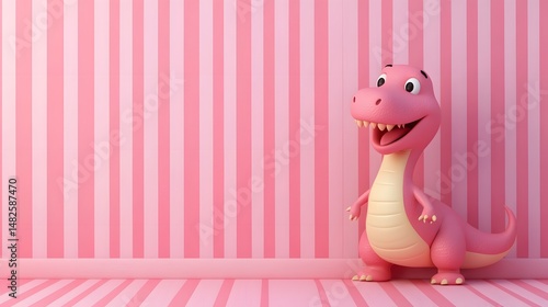 3D render of a cartoon pink dinosaur stands playfully against a striped pink wall.