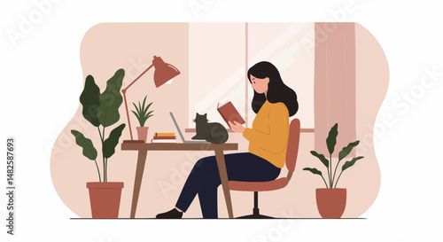 Young woman in home office with cat reading book while sitting at desk with plants, Business 