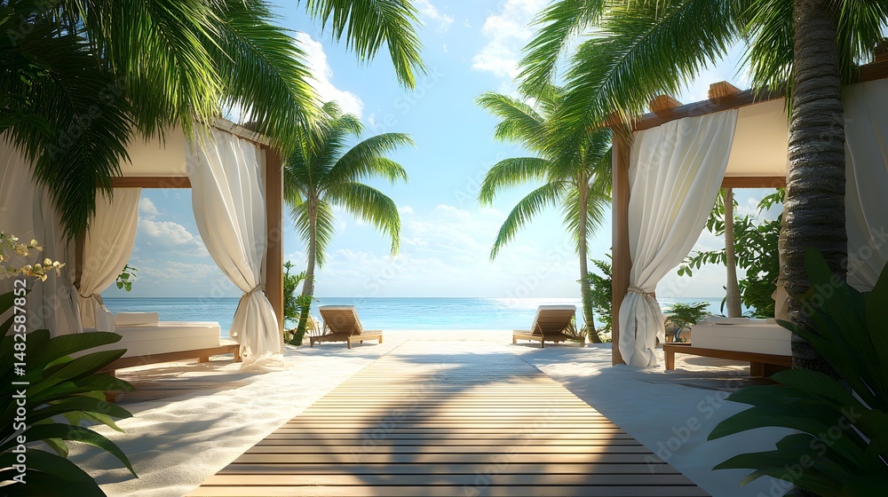 Fototapeta premium 3D render depicts a serene beachside scene with palm trees, wooden walkways, and shaded lounge chairs.