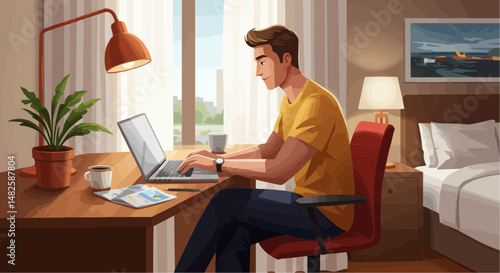 Young man working on laptop at desk from hotel room with sunlight, Business 