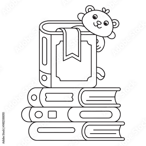 Cute Book Stack with Bookmark and Bear – Minimal Line Art