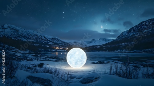 Digital illustration depicts a luminous sphere in a snowy, mountainous landscape under a starry sky.