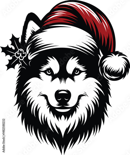 Siberian Husky Wearing Santa Hat Head – Christmas Vector Illustration