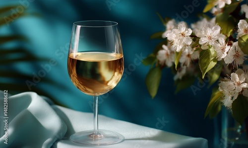 Elegant White Wine Glass Beside Blooming Flowers on a Table in a Serene Setting