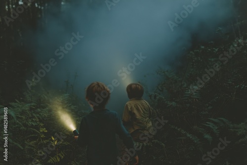 Exploring the woods at night with flashlights while discovering nature's mystery and adventure under a smoky atmosphere