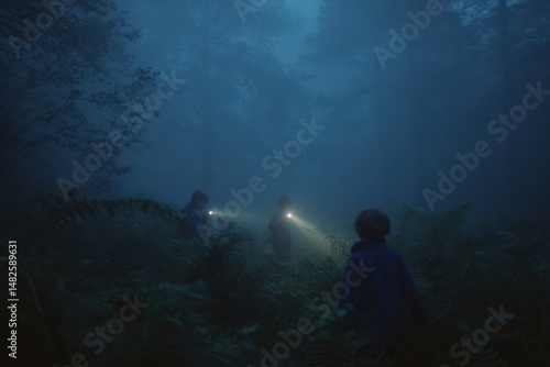 Exploring the mysterious woods at night with flashlights illuminating the dark forest path surrounded by mist and trees