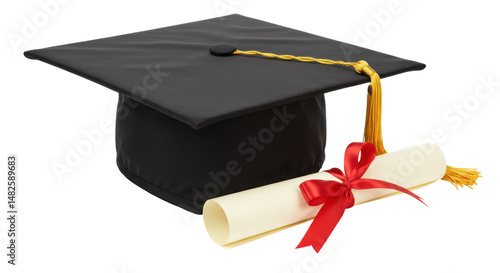Konstfotografi Isolated Graduation Cap and Diploma with Red Ribbon for Education
